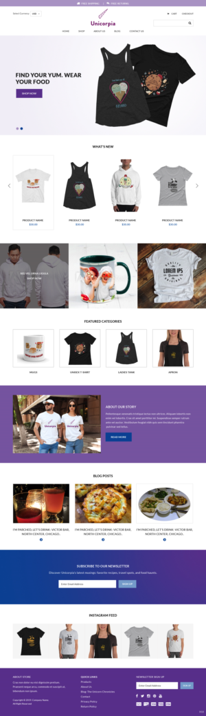 Food humor T-shirt and apparel company needs a Shopify site designed. We have logo files to help. | Shopify Design by pb