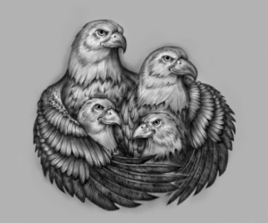 Four Eagles Back Tattoo (classy, greyscale, depicting family, initials included) | Tattoo Design by Jezzus