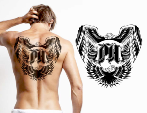 Four Eagles Back Tattoo (classy, greyscale, depicting family, initials included) | Tattoo Design by Phantom007